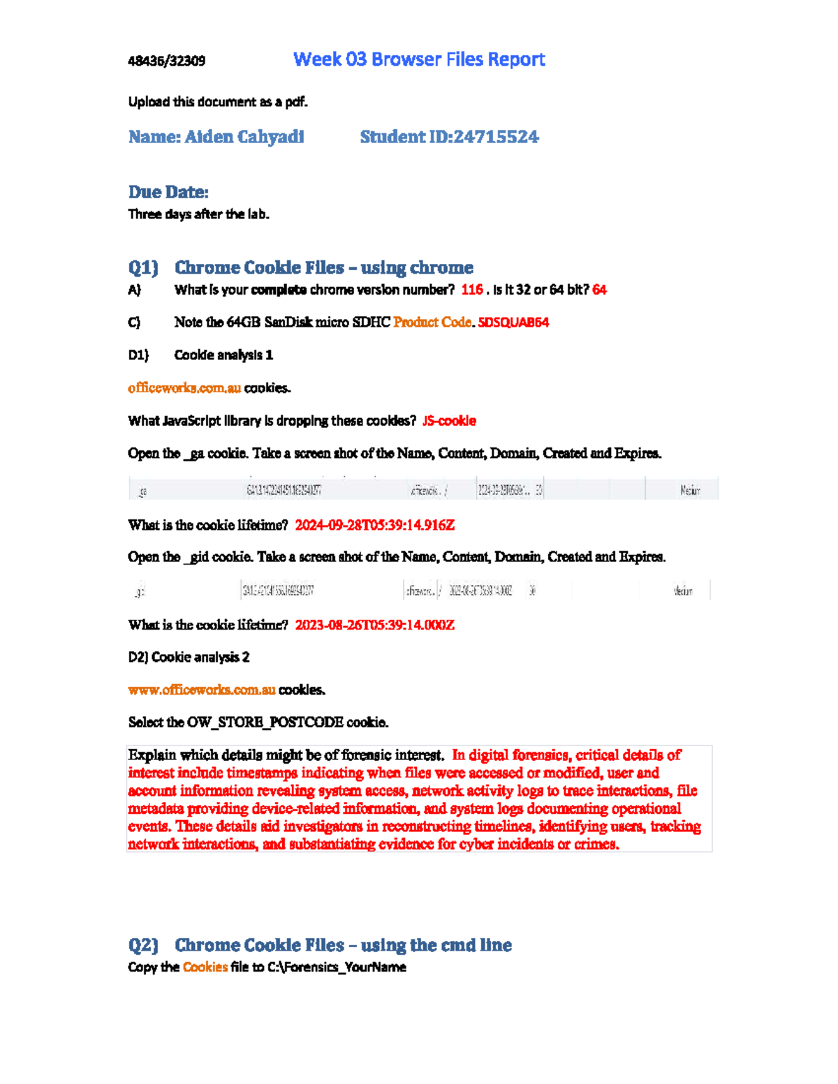 W3 Digital Forensics Lab Report: Cookie and Browser Analysis - Studocu
