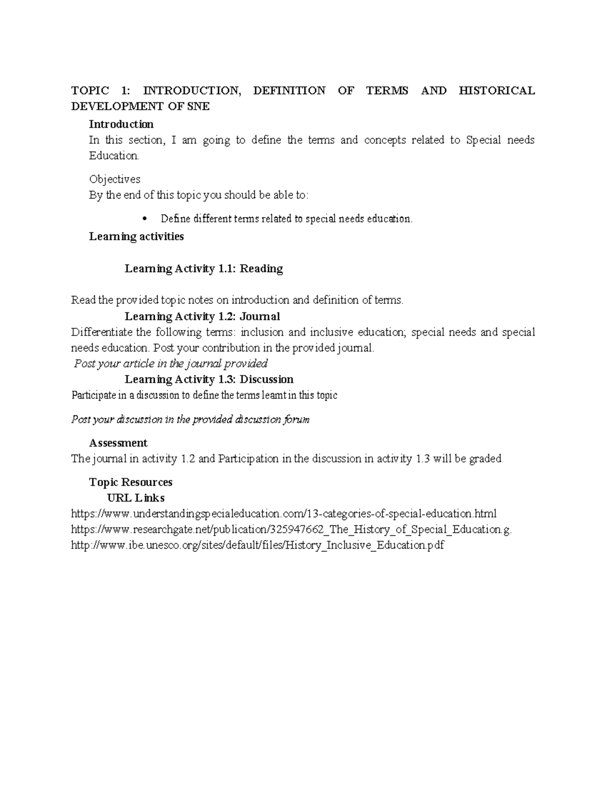 Topic 1: Introduction to Special Needs Education (SNE) and Its ...