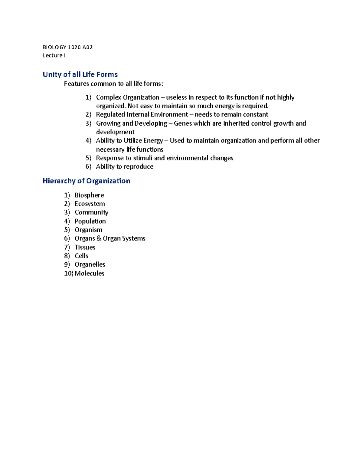 Chap 1-7 summary - Lecture notes 1 - BIOLOGY 1020 A Lecture I Unity of ...