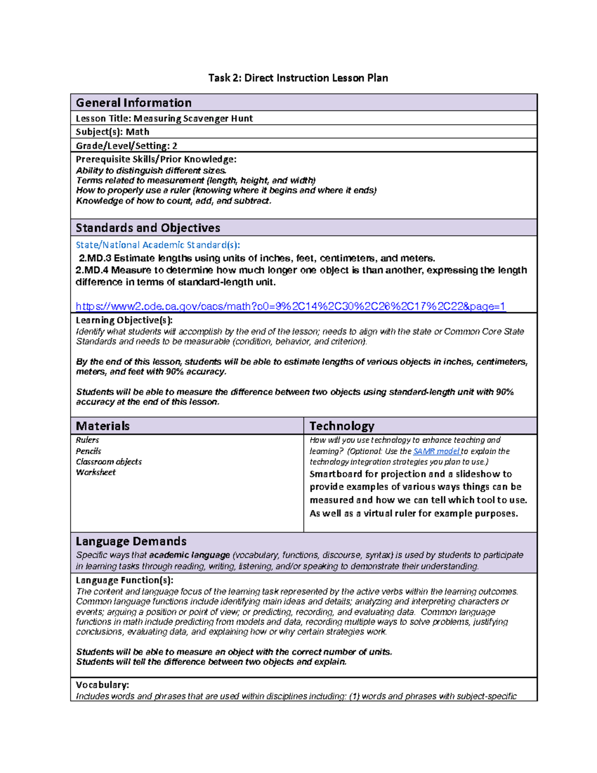 Direct instruction lesson plan - Task 2: Direct Instruction Lesson Plan ...