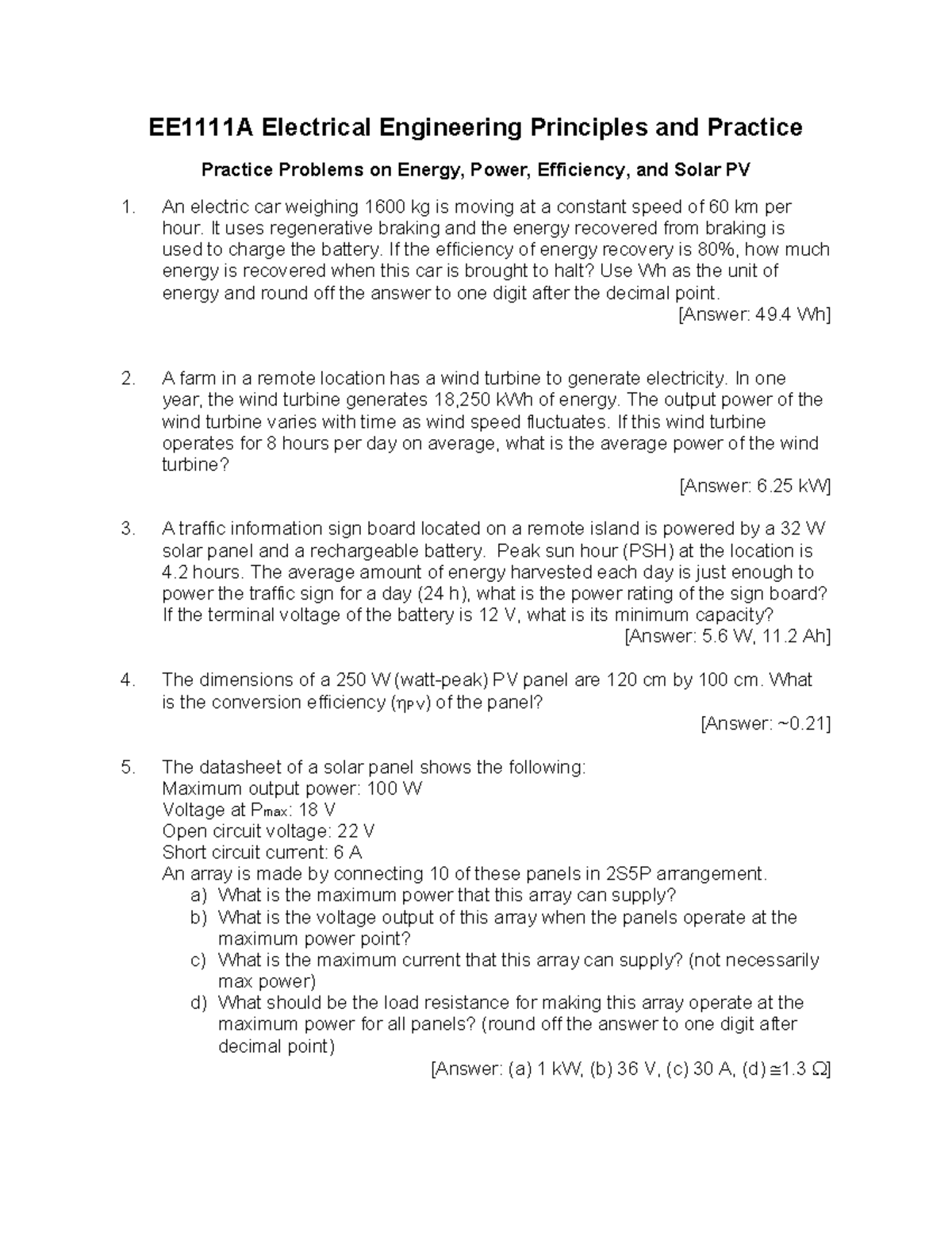 EE 101: Practice Problems on Energy, Power, Efficiency & Solar PV - Studocu