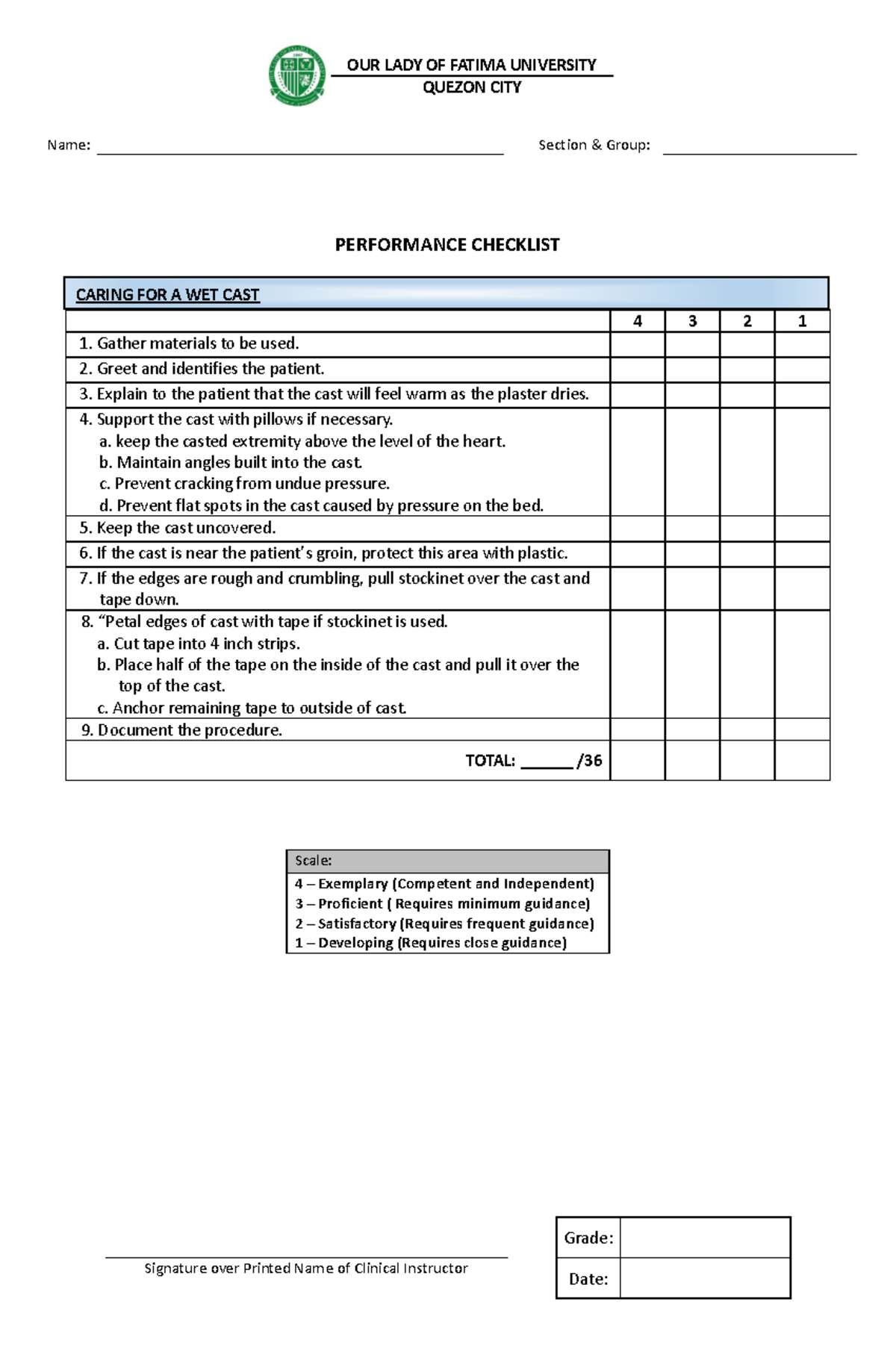 PERFORMANCE CHECKLIST: CAST CARE & AMBULATION TECHNIQUES (MSK-1) - Studocu