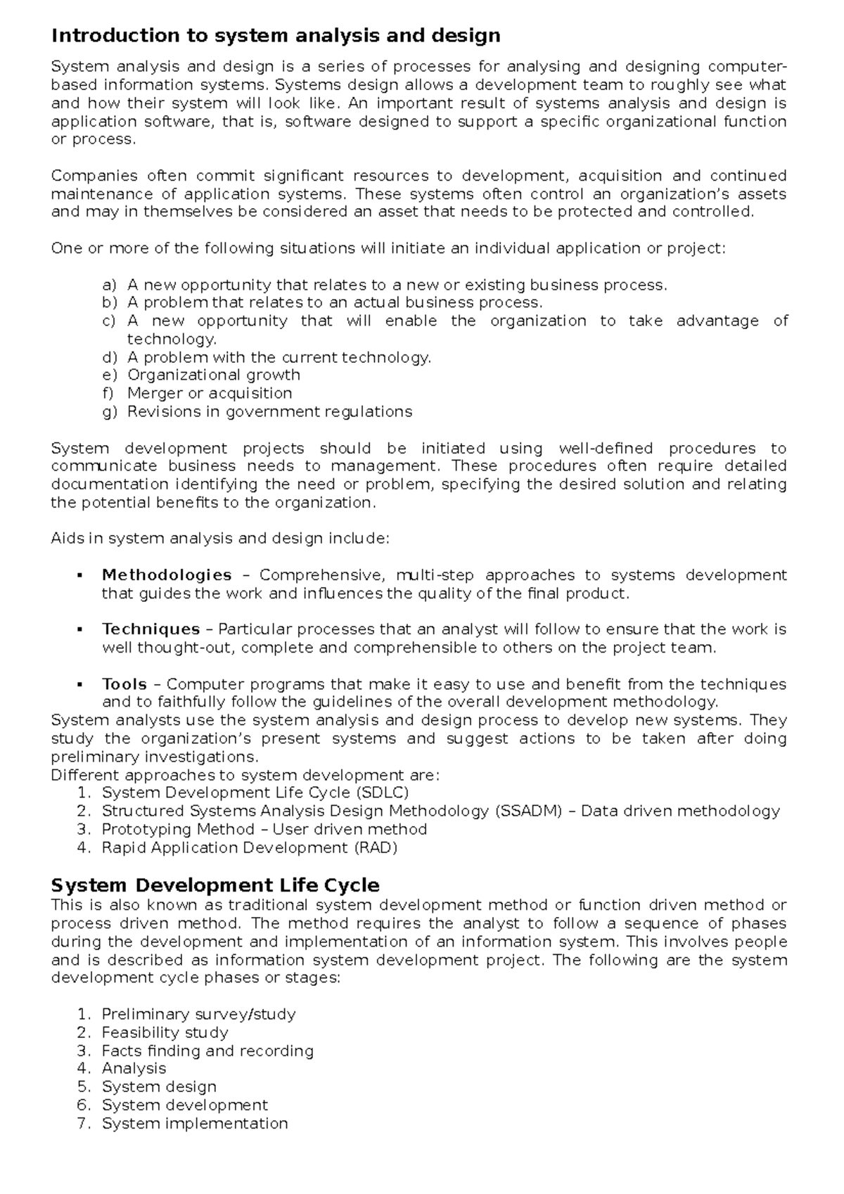 System development life cycle - System analysis and design - Studocu