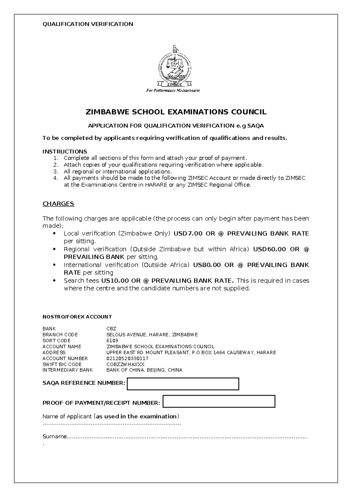 ZIMSEC Qualification Verification Application Form Guide - Studocu