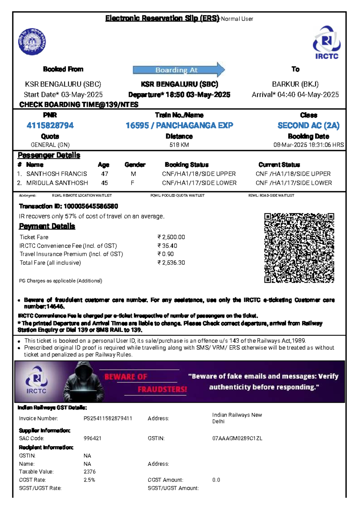 Mangalore Train Ticket Details: KSR Bengaluru to Barkur (16595) - Studocu