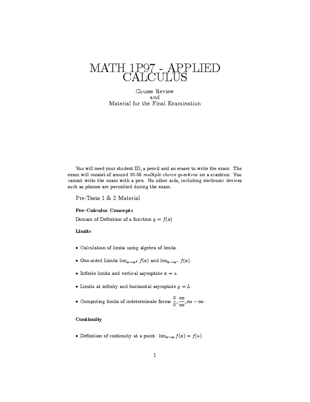 MATH 1P97 Applied Calculus Final Exam Review Material - Studocu