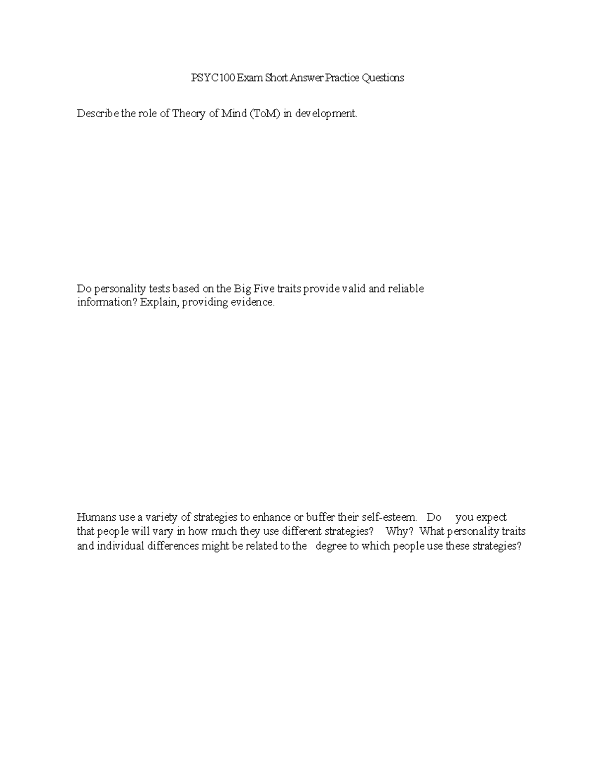 PSYC 100 Final Exam Short Answer Practice Questions and Insights - Studocu