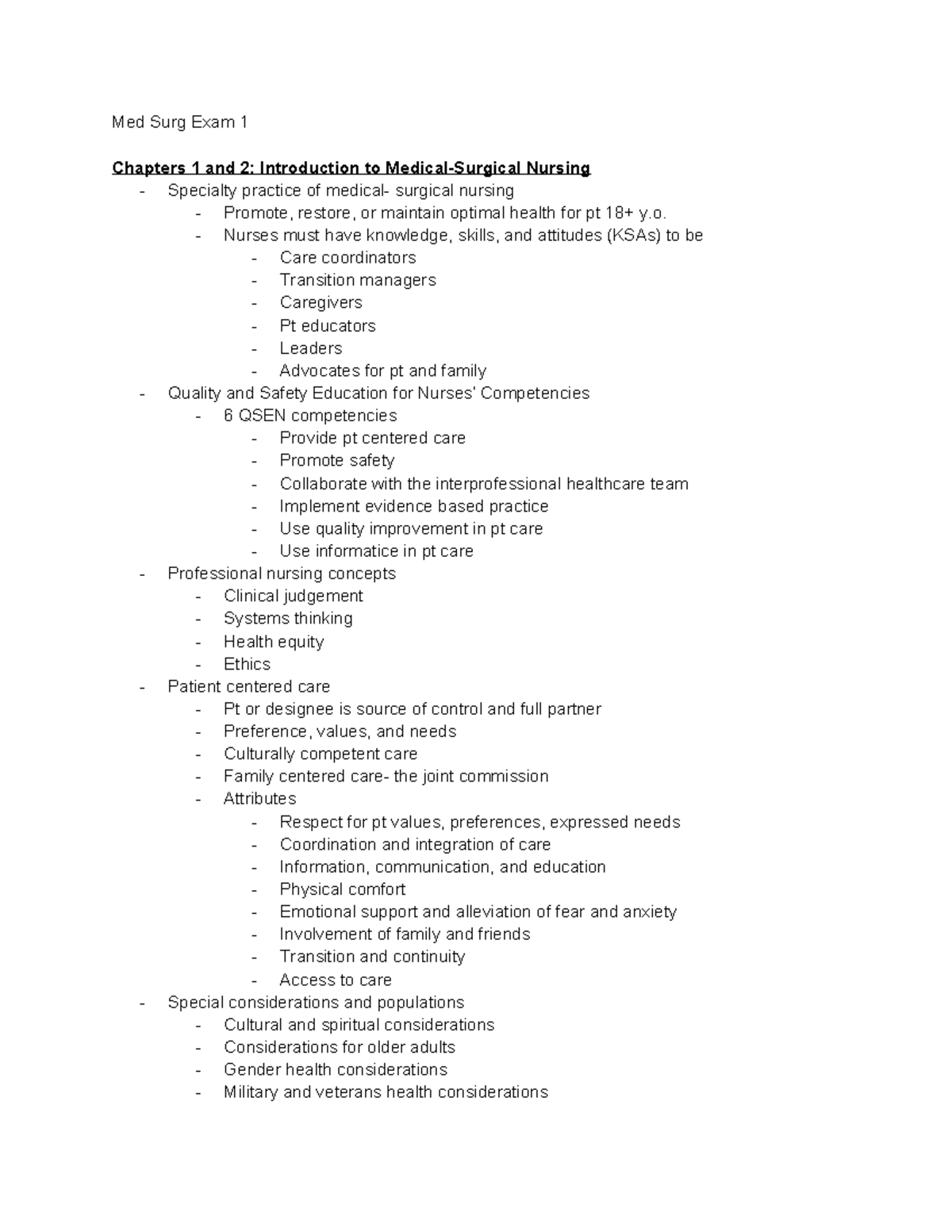 Med Surg Exam 1: Comprehensive Lecture Notes for Chapters 1-6 - Studocu