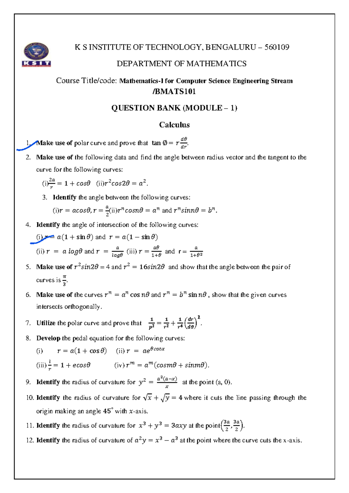 Maths QB Model 1 - Calculus Questions for CSE (K S Institute) - Studocu