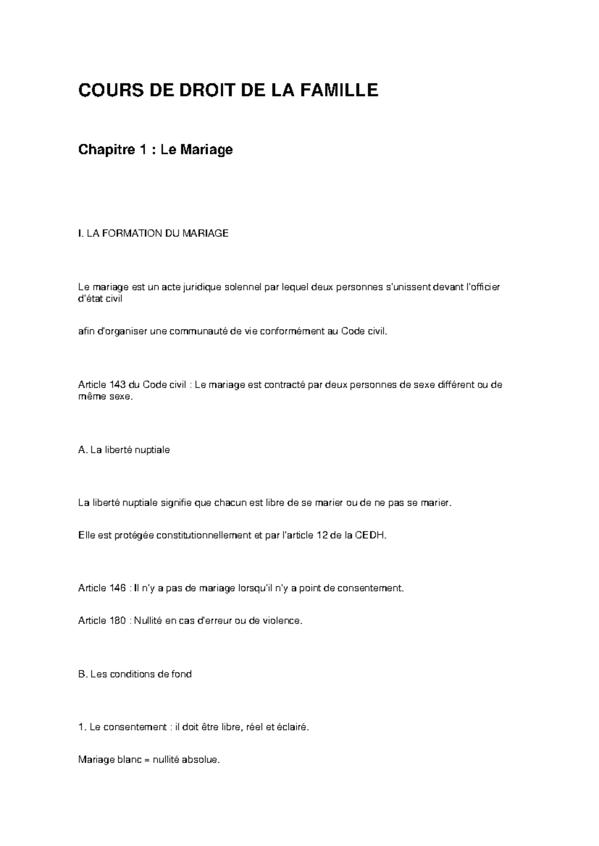 COURS DE DROIT DE LA FAMILLE Chapitre 1 : Le Mariage - Formation et ...