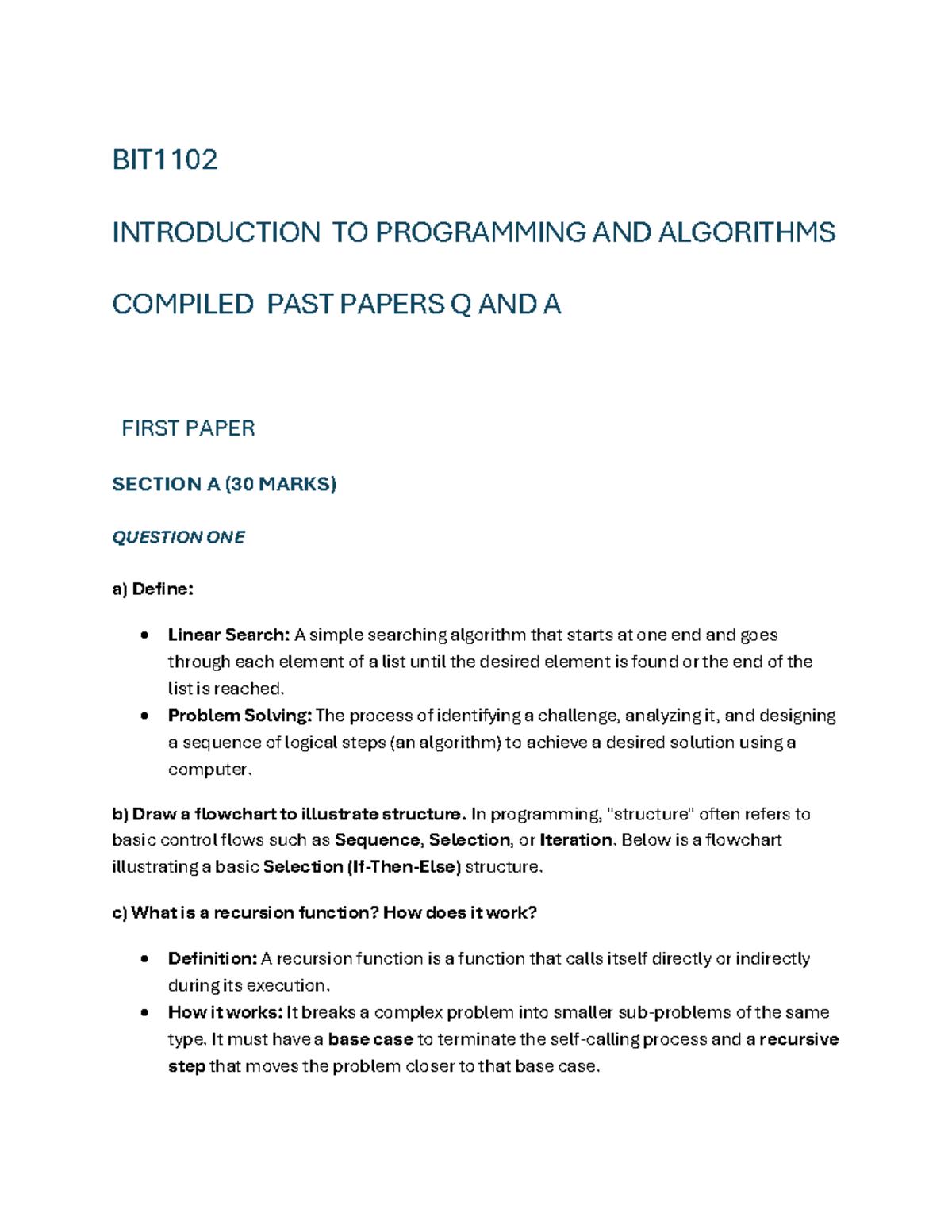 BIT1102 INTRODUCTION TO PROGRAMMING AND ALGORITHMS PAST PAPERS Q&A ...