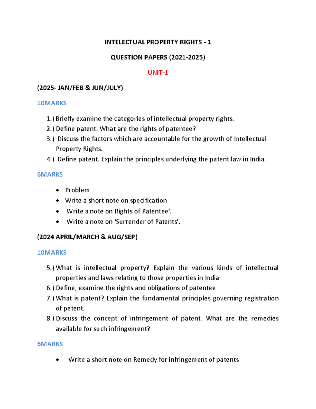 IPR 101: Comprehensive Question Papers on Intellectual Property Rights ...