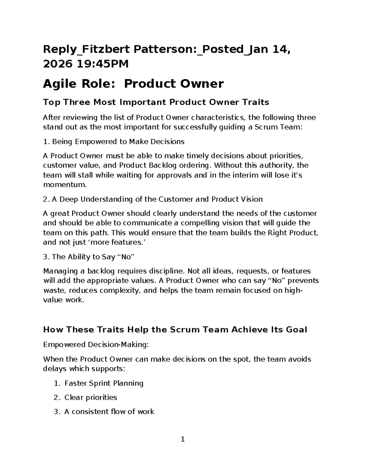 Agile Role: Key Traits of a Product Owner - DISC2-SUBM-For Proj 1 - Studocu