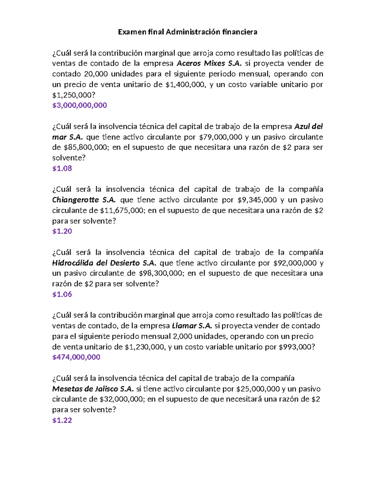 Examen Final de Administración Financiera - Análisis de Capital de Trabajo - Document Preview