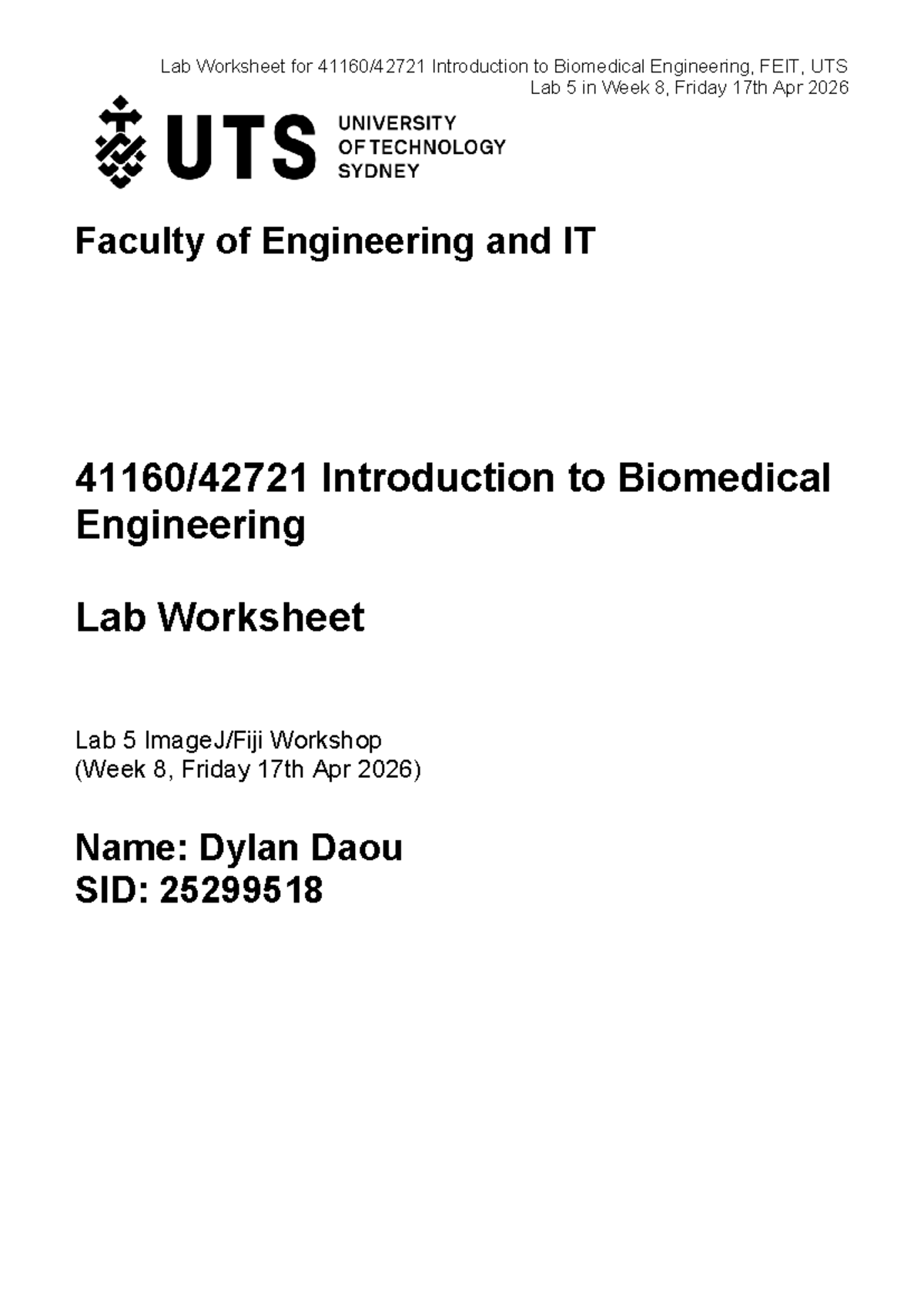 Lab Worksheet for Intro to Biomedical Eng, FEIT, UTS - Lab 5 - Studocu