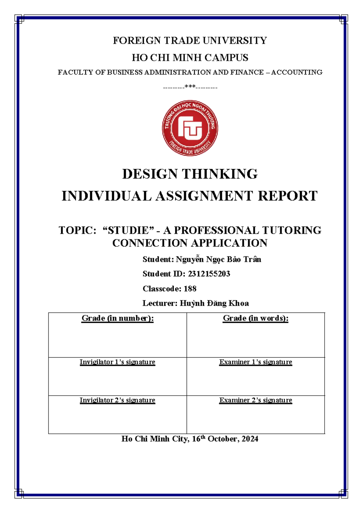 DESIGN THINKING INDIVIDUAL ASSIGNMENT REPORT - CLASSCODE 188 - Studocu