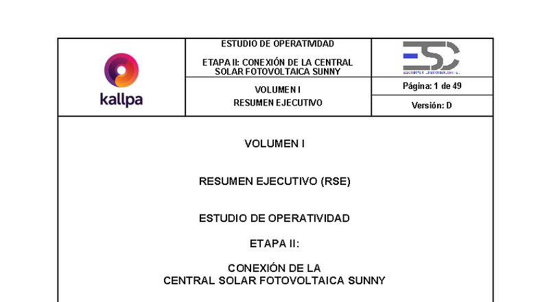 ESTUDIO DE OPERATIVIDAD ETAPA II: RESUMEN EJECUTIVO CENTRAL SOLAR SUNNY ...