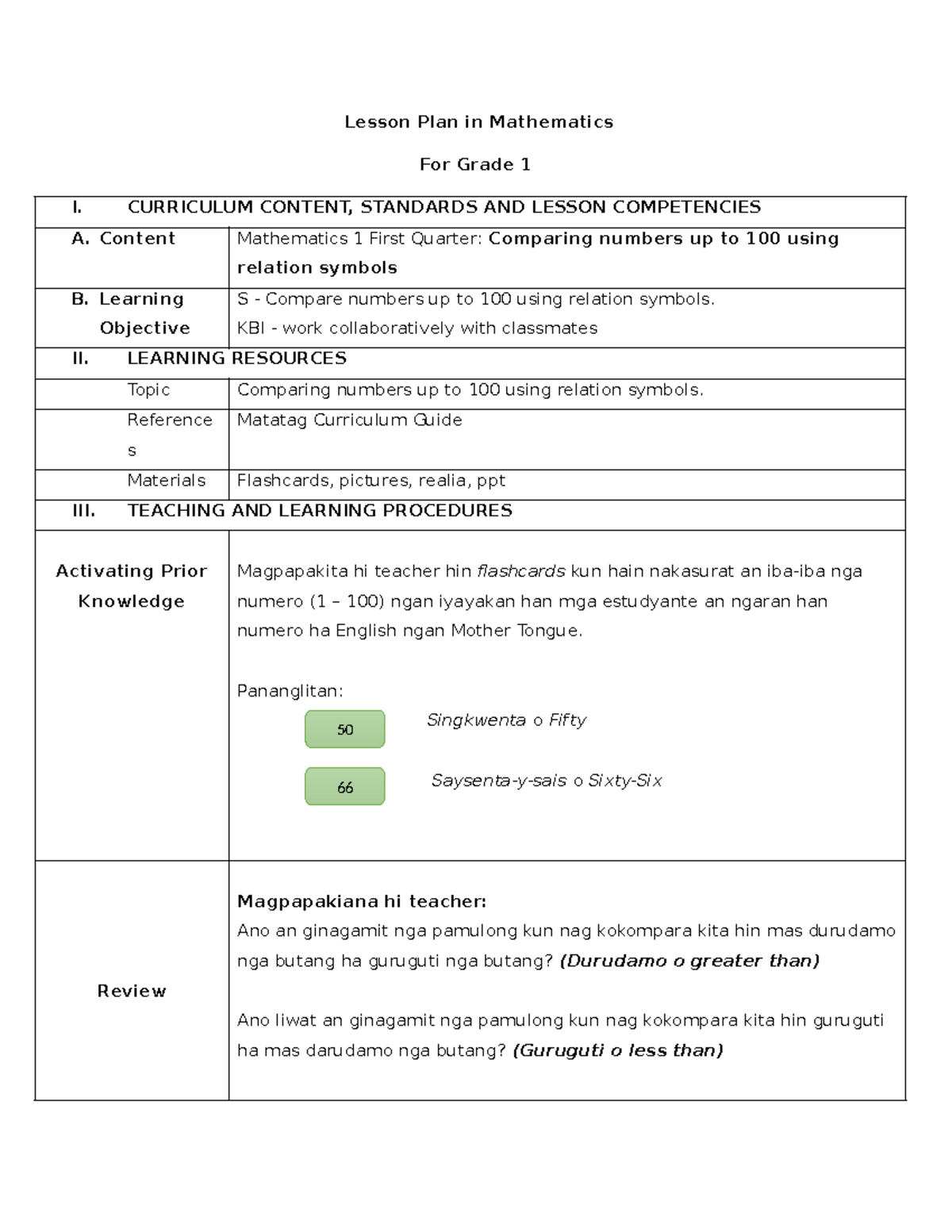 Final LP in Mathematics 1 - Lesson Plan in Mathematics For Grade 1 I ...