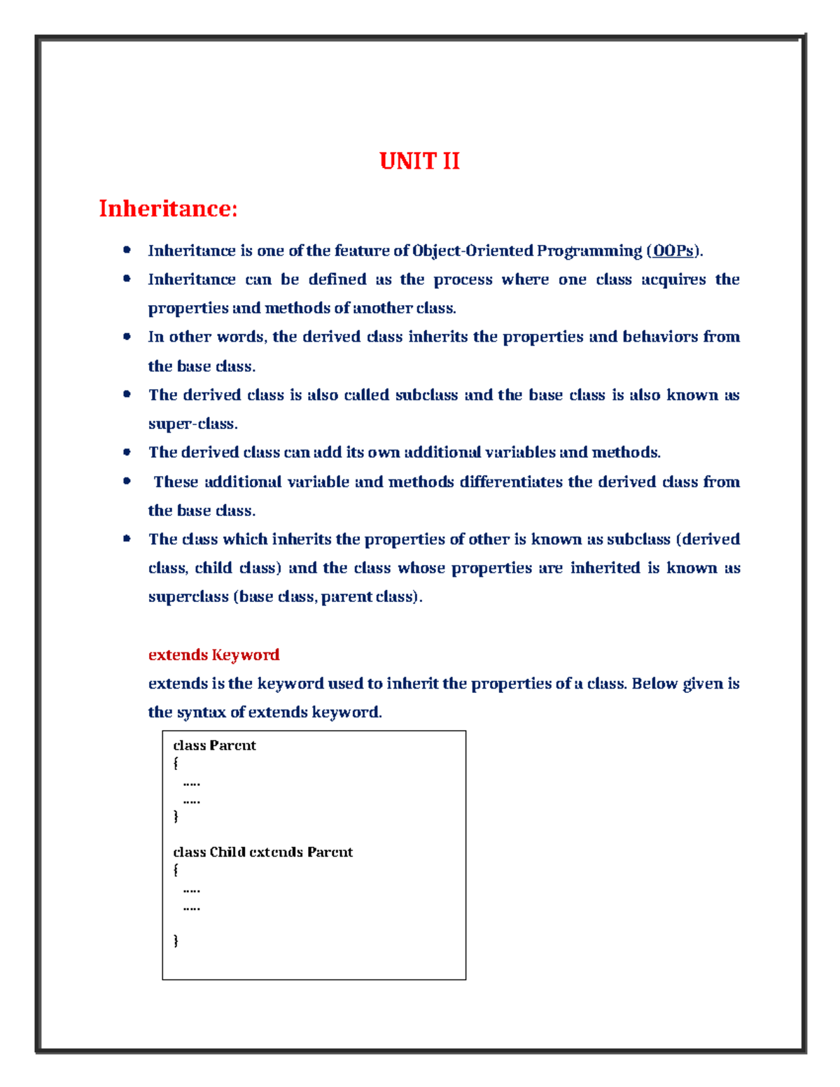 UNIT II - OOP Concepts: Inheritance, Abstract Classes & Interfaces ...
