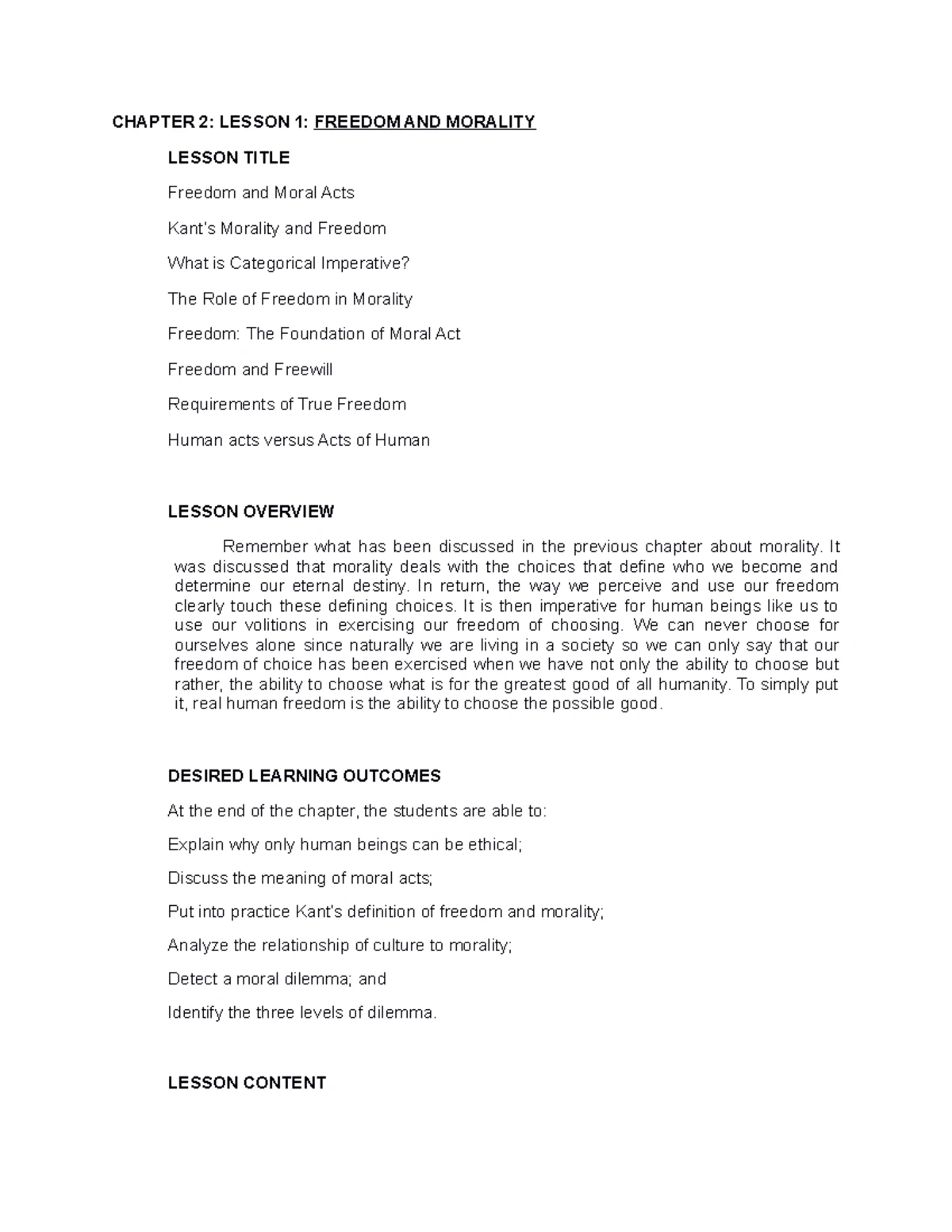 Ethics Chapter 1 Lesson 2 - Lesson 2 Morality Key Features of Morality ...