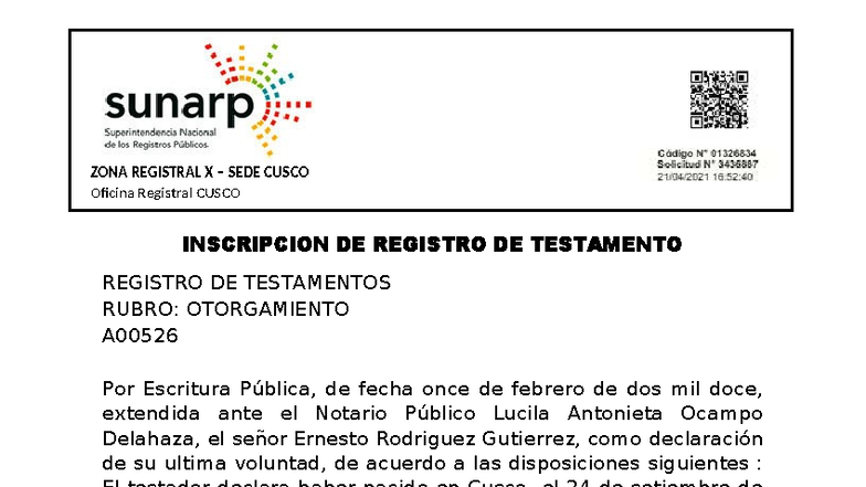 Inscripción de Testamento en Cusco - A00526 Final Exam Notes - Document Preview