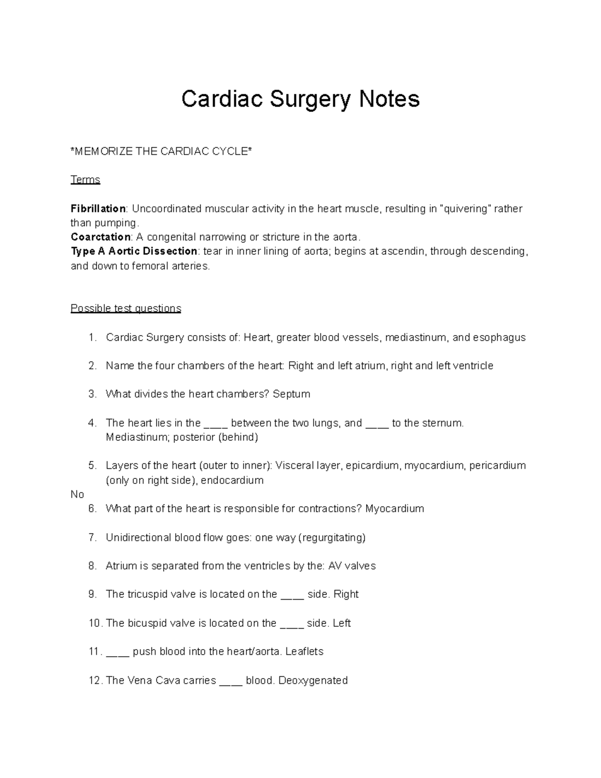 Cardiac Surgery Notes: Key Concepts and Possible Exam Questions - Studocu