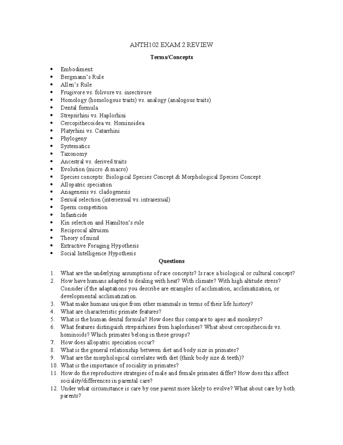 ANTH102 Exam 2 Study Guide: Key Terms and Concepts - Studocu