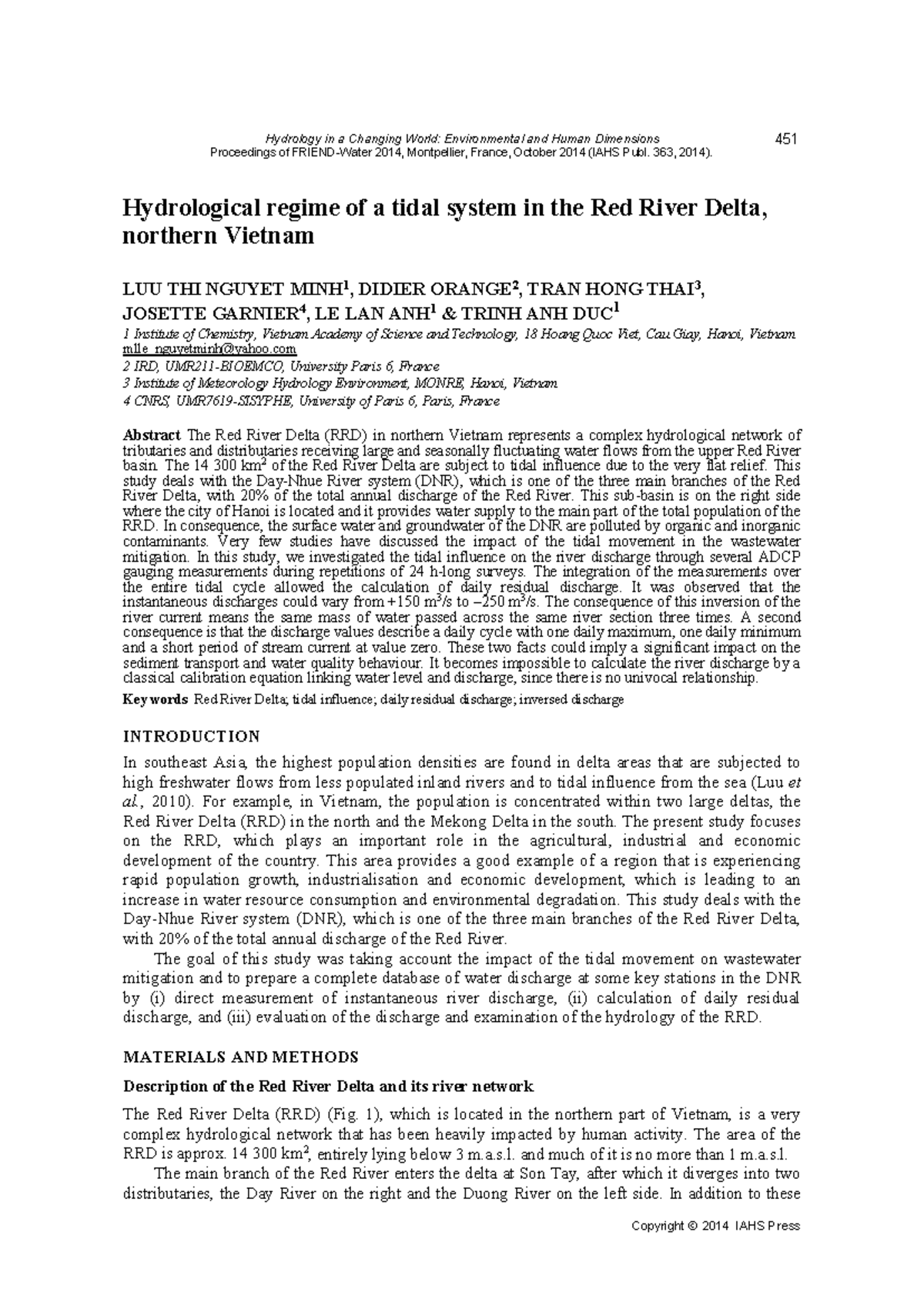 Hydrological Regime of Tidal Systems in the Red River Delta (IAHS 2014 ...