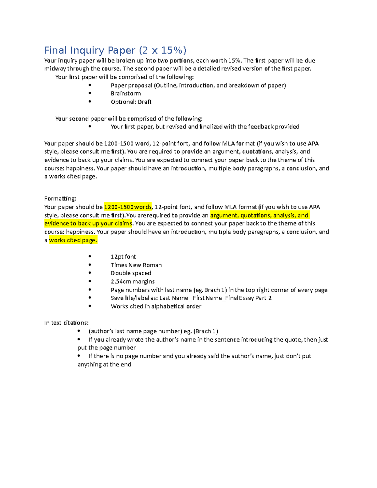 Formatting and Criteria MLA - Final Inquiry Paper (2 x 15%) Your ...
