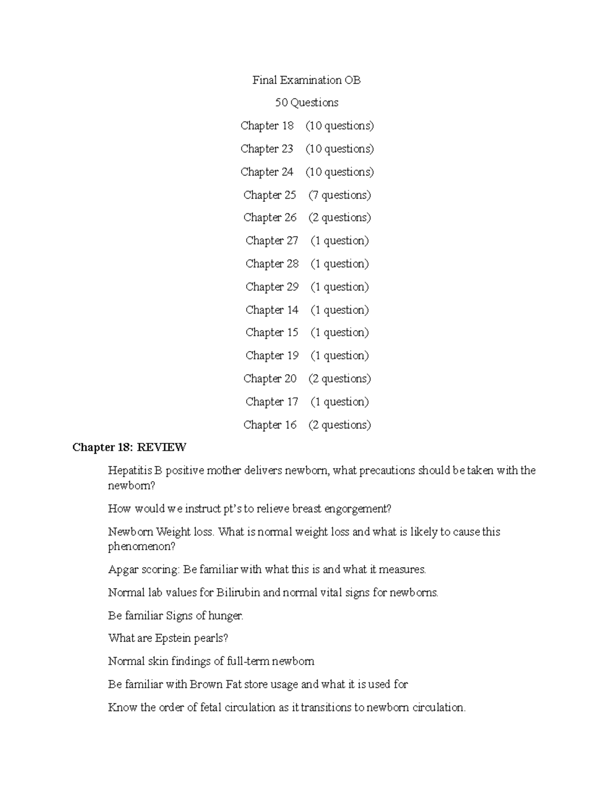 Final Examination OB Study Guide - Final Examination OB 50 Questions ...