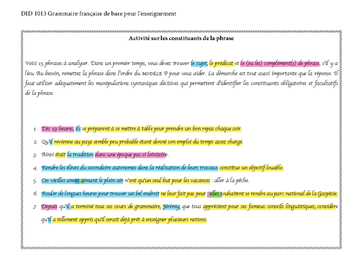 DID 1013 Activité sur les Constituants de la Phrase - Analyse ...