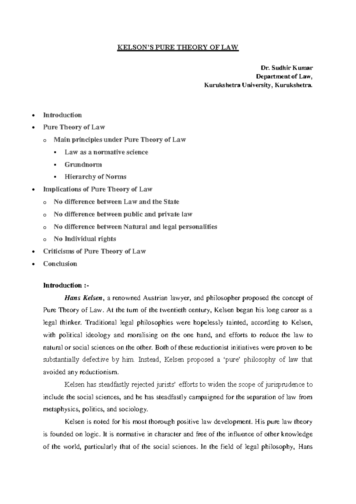 Kelson's Pure Theory of Law: Key Principles and Implications (221012 ...