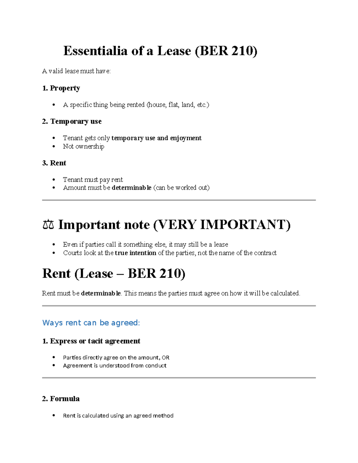 Essentialia of a Lease (BER 210) - Key Principles and Remedies - Studocu