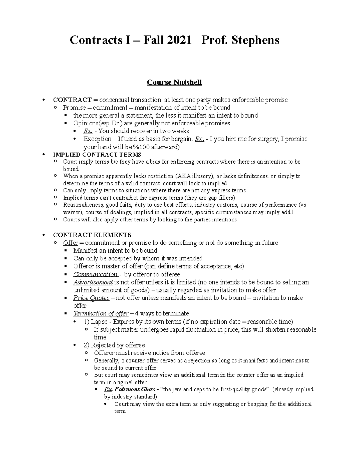 Contracts I Outline - Analysis & Key Concepts (Fall 2021) - Studocu