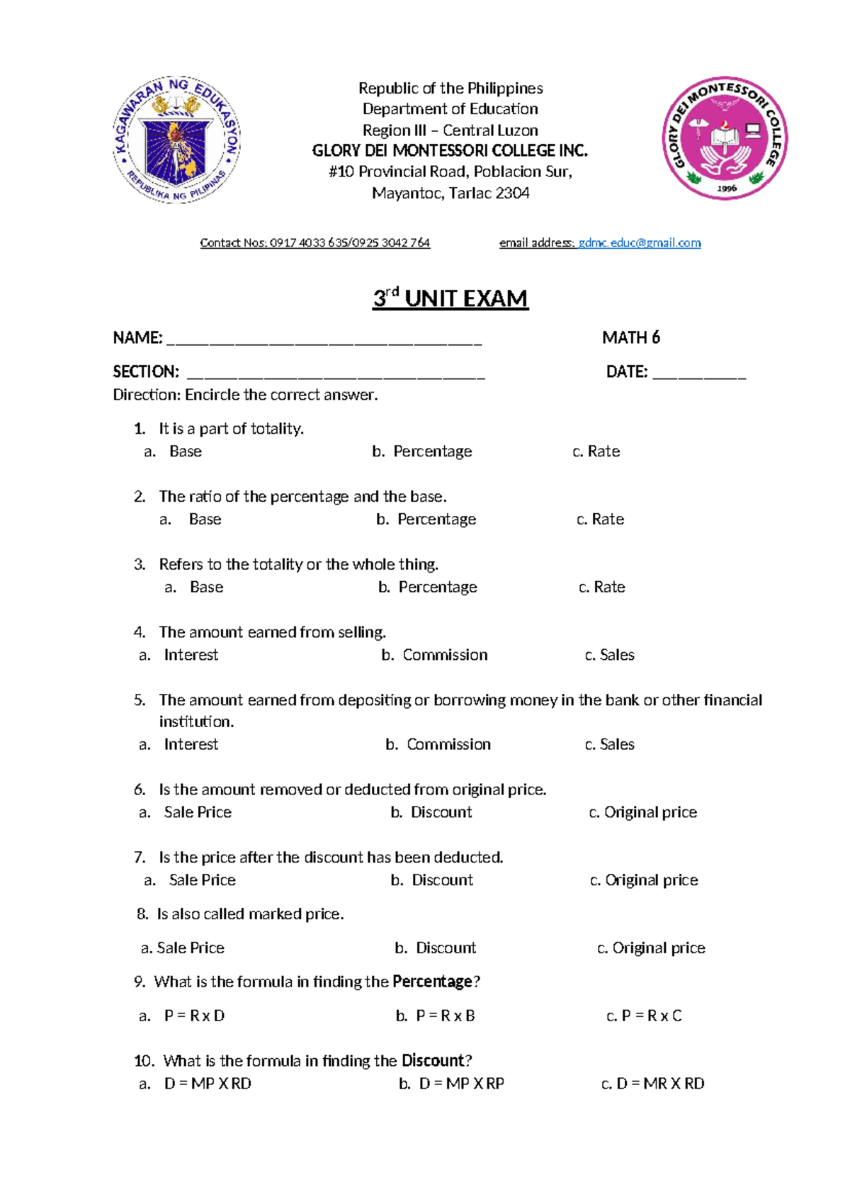 MATH 6 - 3RD UNIT EXAM - Test Paper on Percentages and Interest - Studocu