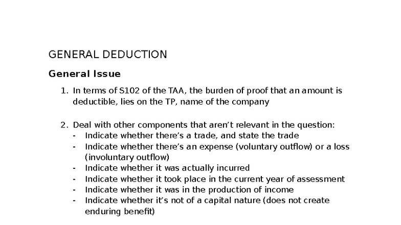 General Deduction Discussion Notes: S102 TAA Analysis and Case Law ...