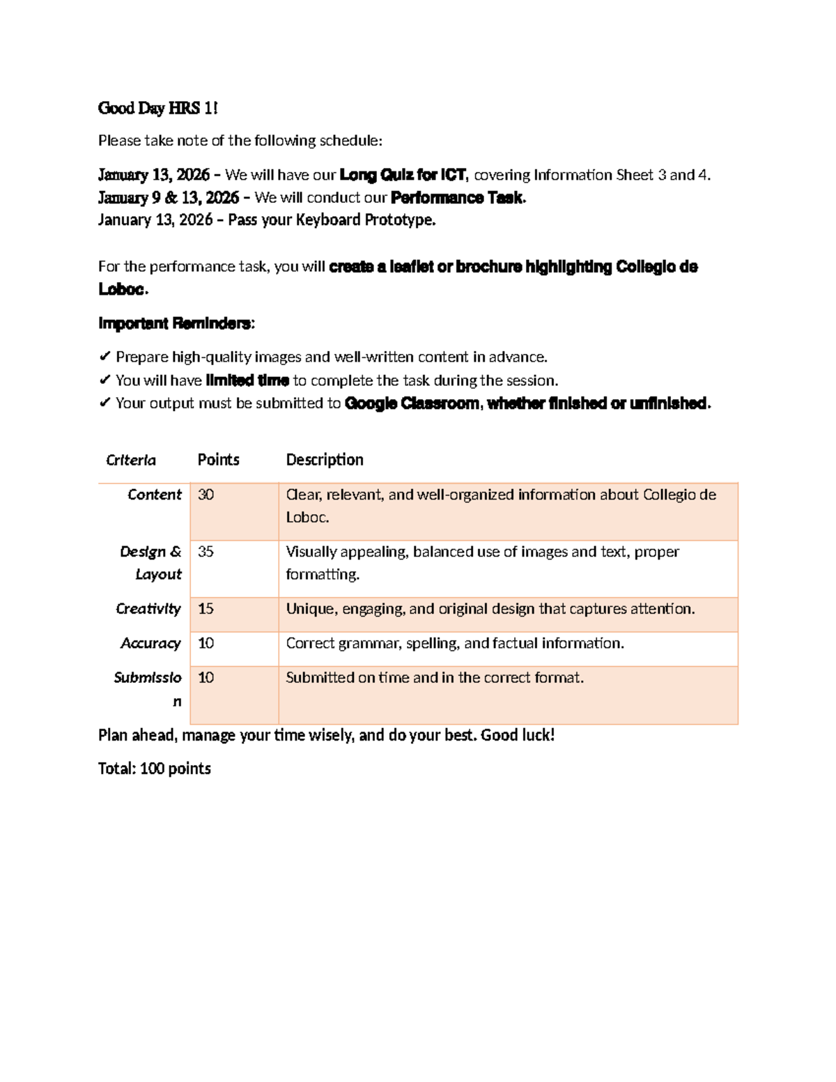 Performance Task HRS 1: Long Quiz & Project Guidelines - Studocu