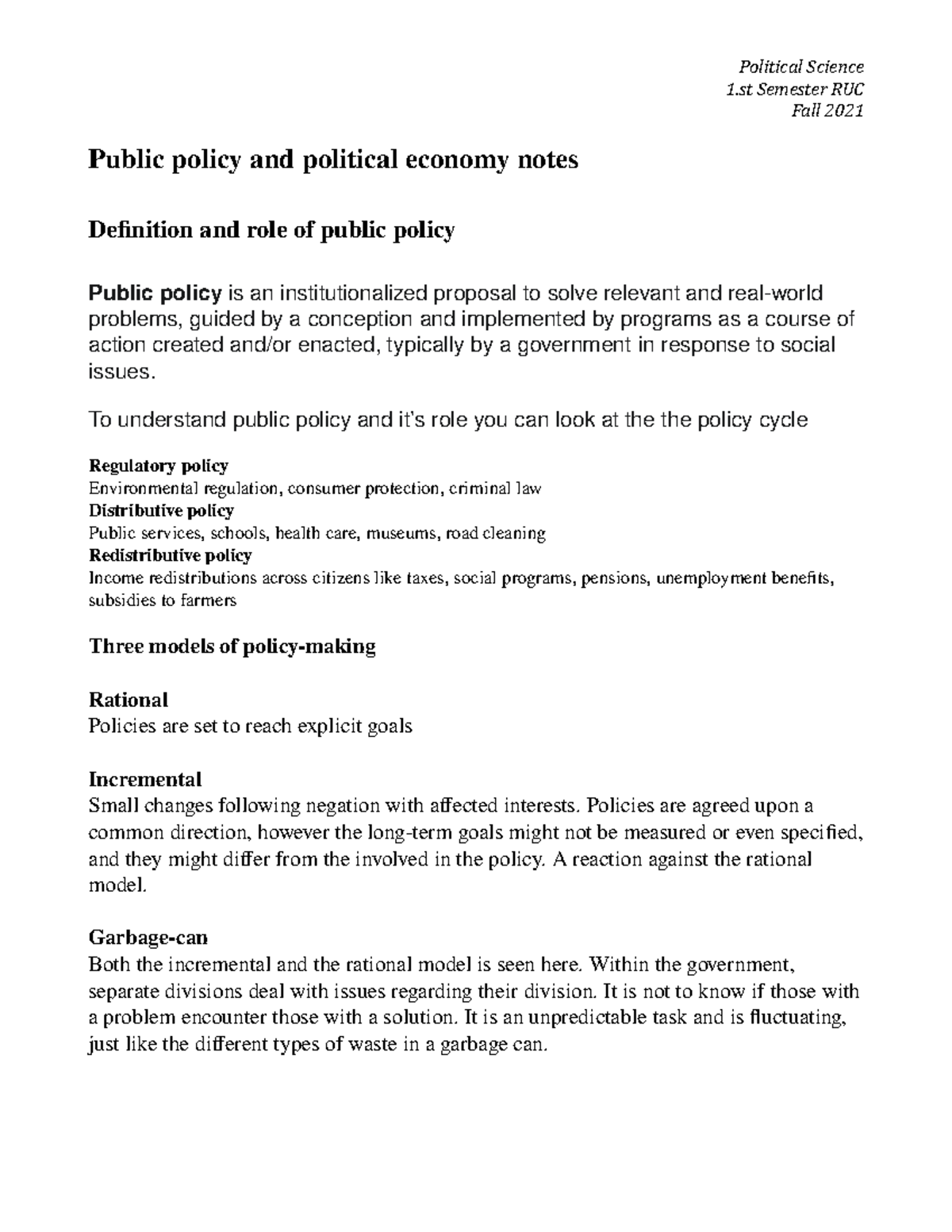 Public policy and political economy notes - Basic Basic Course in ...