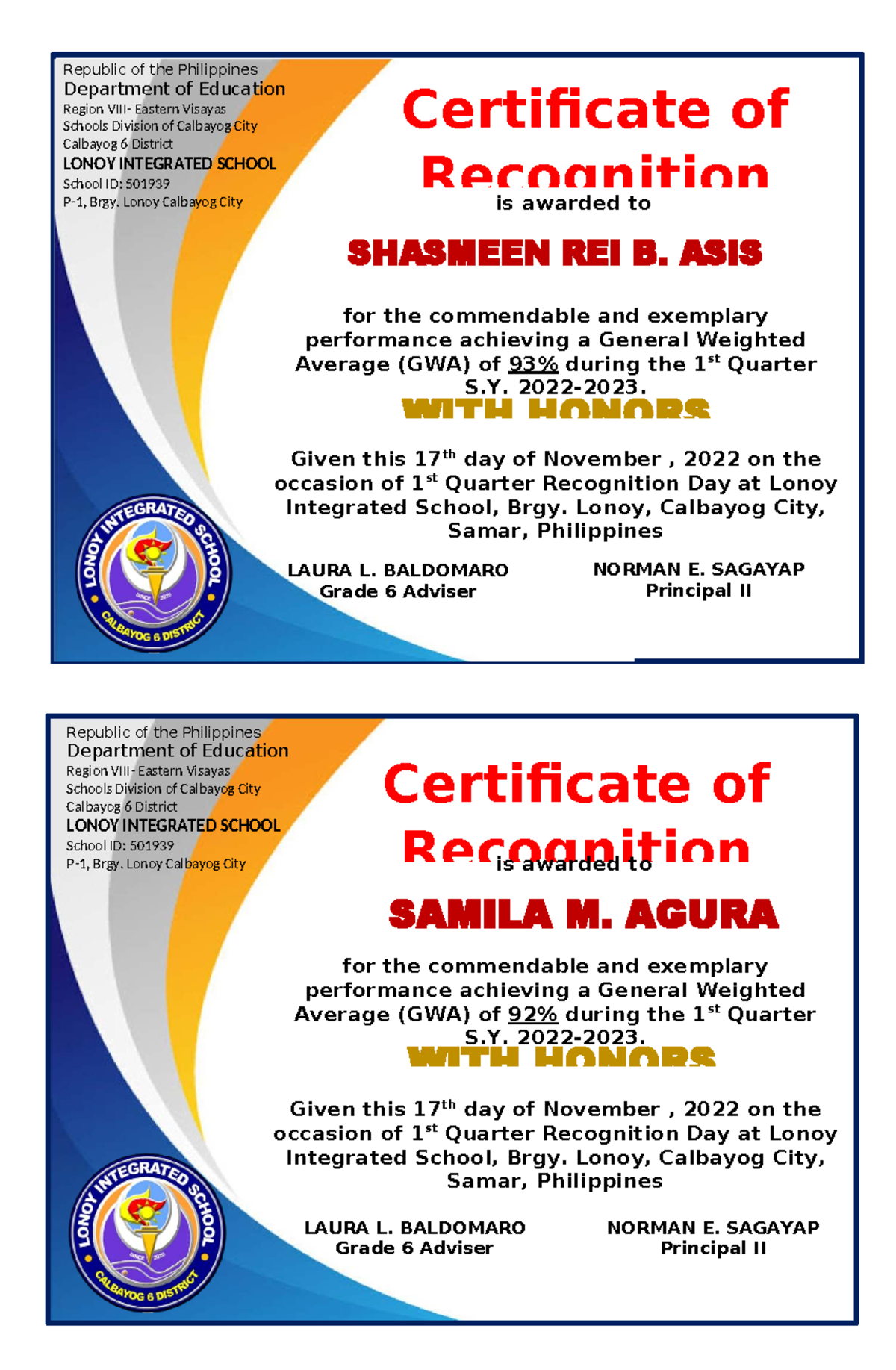 1st Quarter Recognition Certificate - Lonoy Integrated School - Studocu