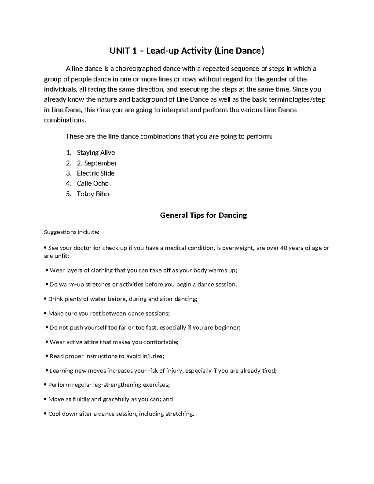UNIT 1 Line Dance Group Performance Task Overview and Guidelines - Studocu