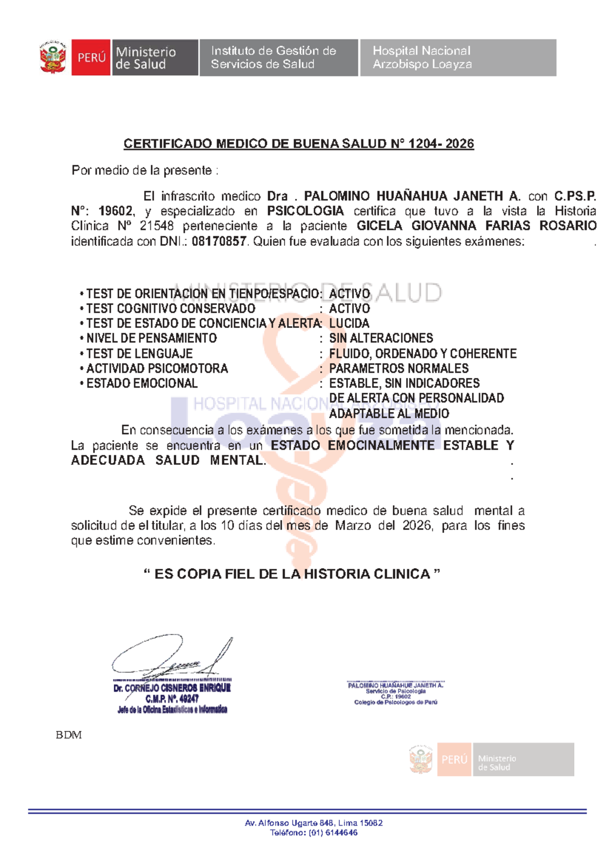 Certificado Médico de Buena Salud - Instituto de Gestión de Servicios de Salud - Document Preview