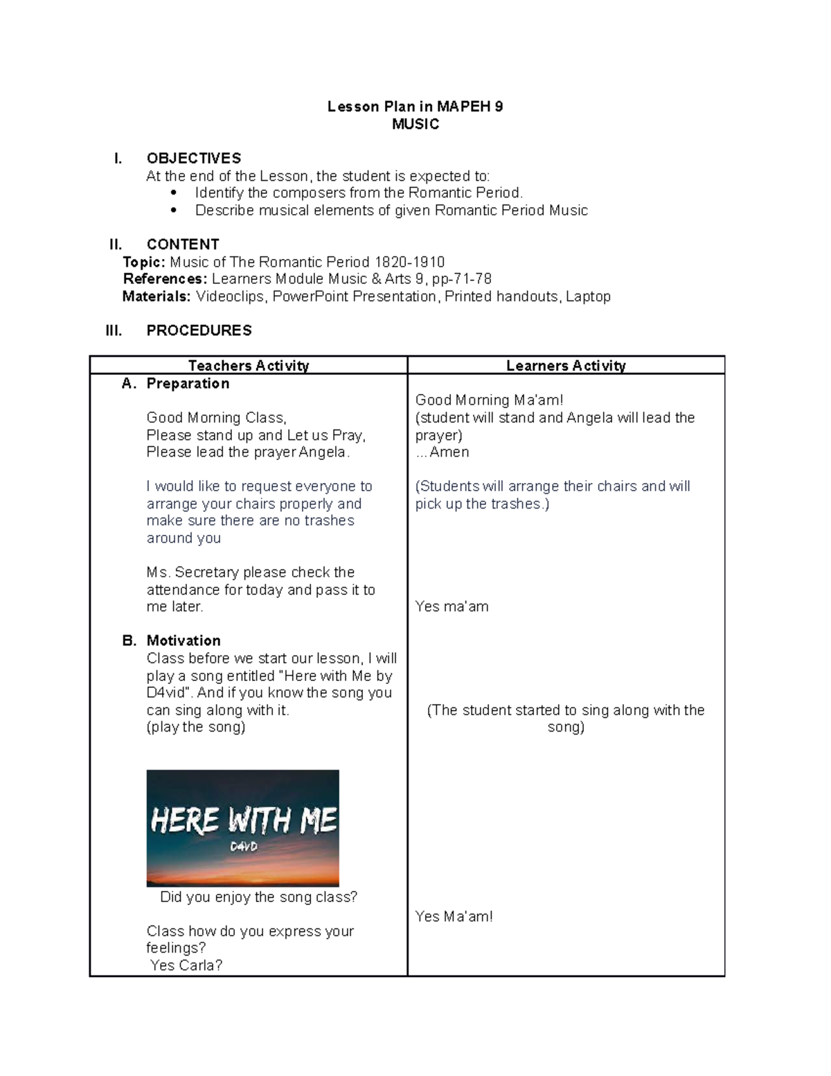 Lesson Plan for Music 9: Exploring the Romantic Period - Studocu
