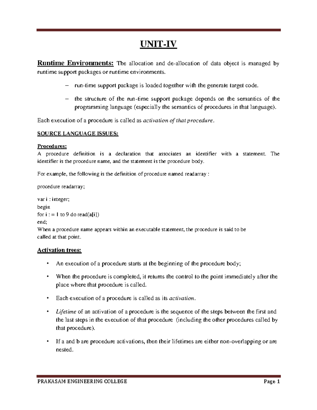 UNIT-4 CD: Overview of Runtime Environments and Activation Trees - Studocu