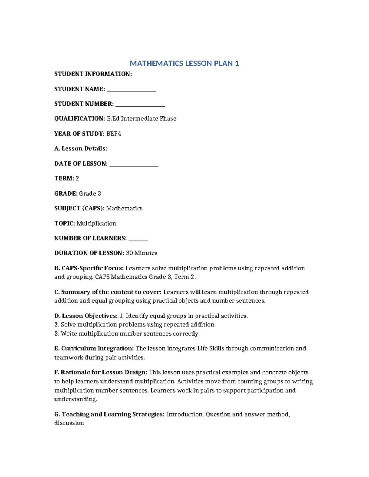 MATHEMATICS GRADE 3 TERM 2 LESSON PLANS: MULTIPLICATION & DATA HANDLING ...