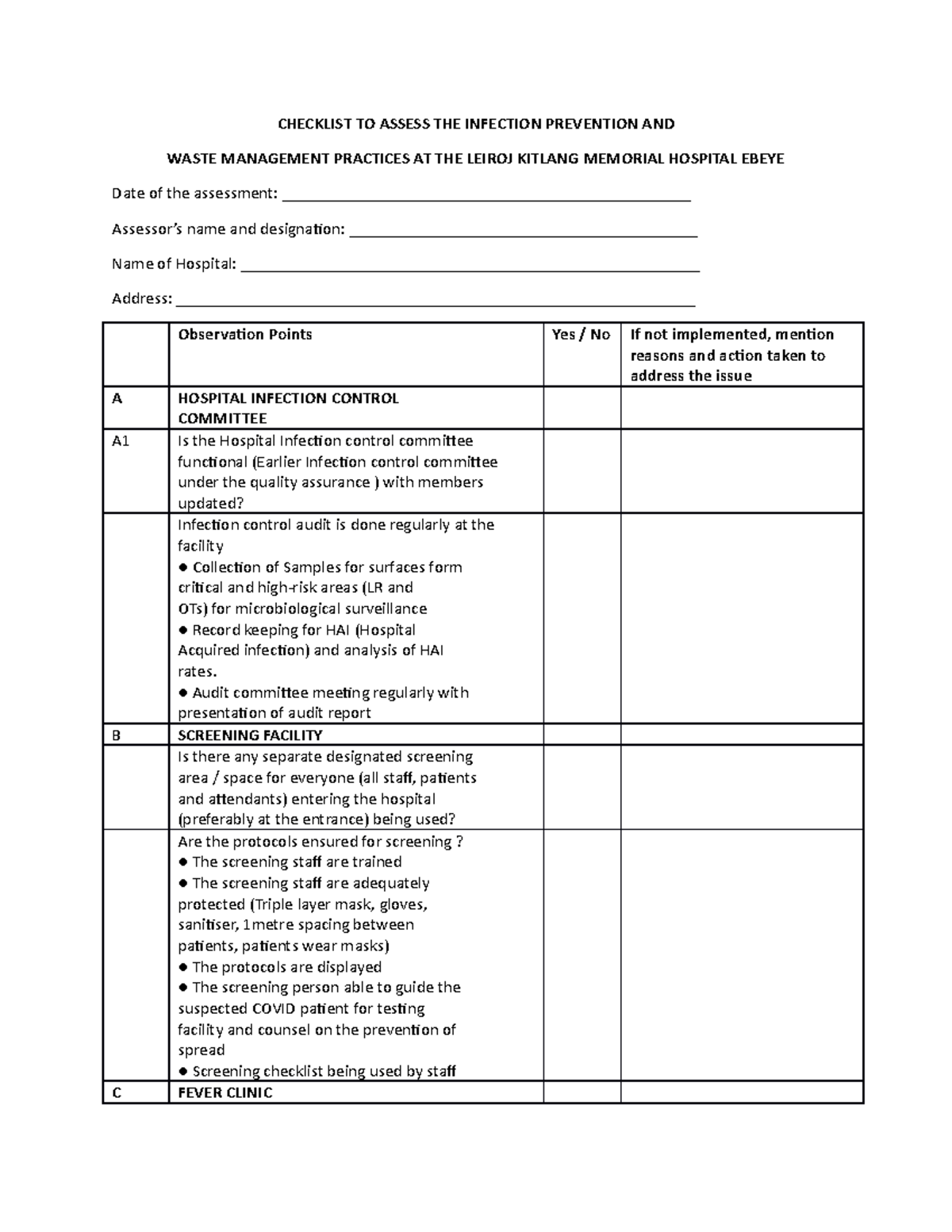 Checklist for Infection Prevention & Waste Mgmt at Leiroj Hospital ...