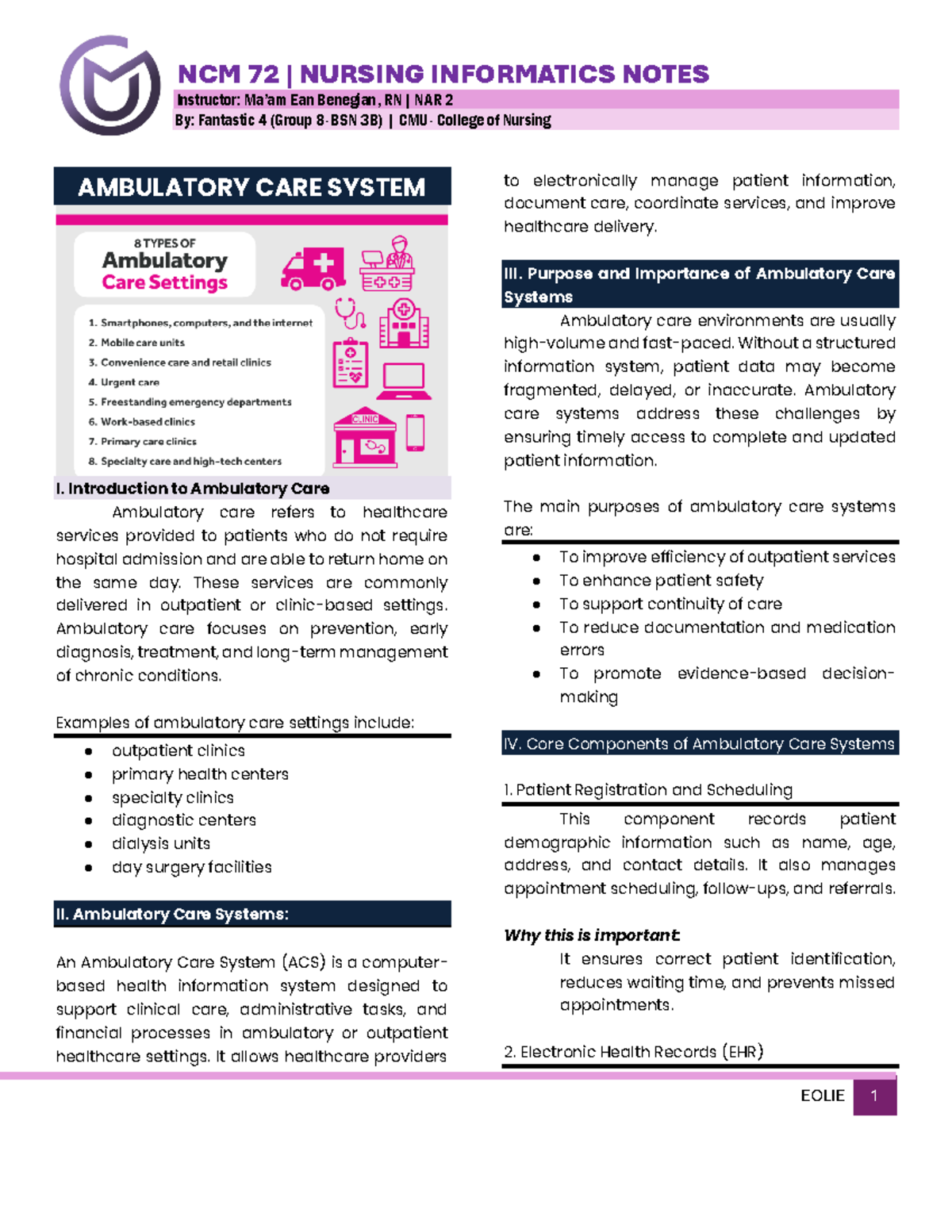 NCM 72 Nursing Informatics: Ambulatory Care Systems & Telehealth Notes ...