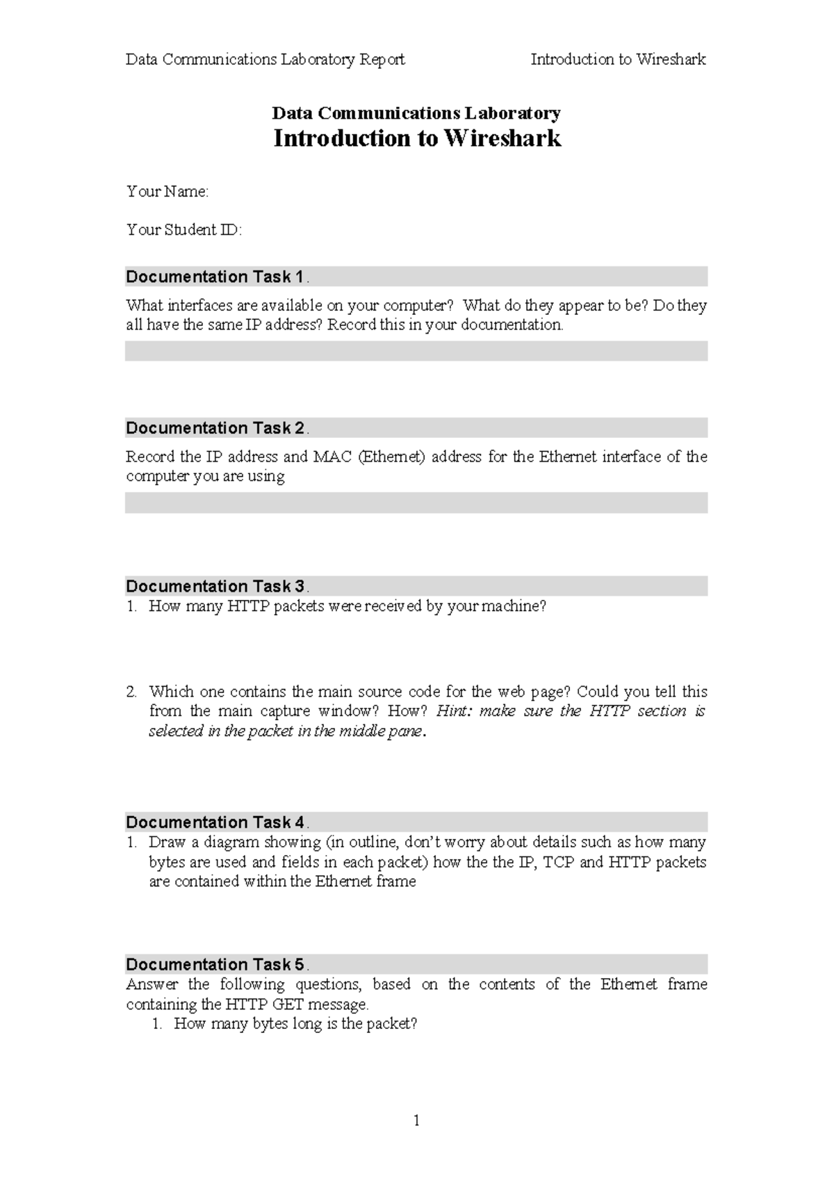 Practical - Intoduction to Wireshark - Documentation Template - Data ...