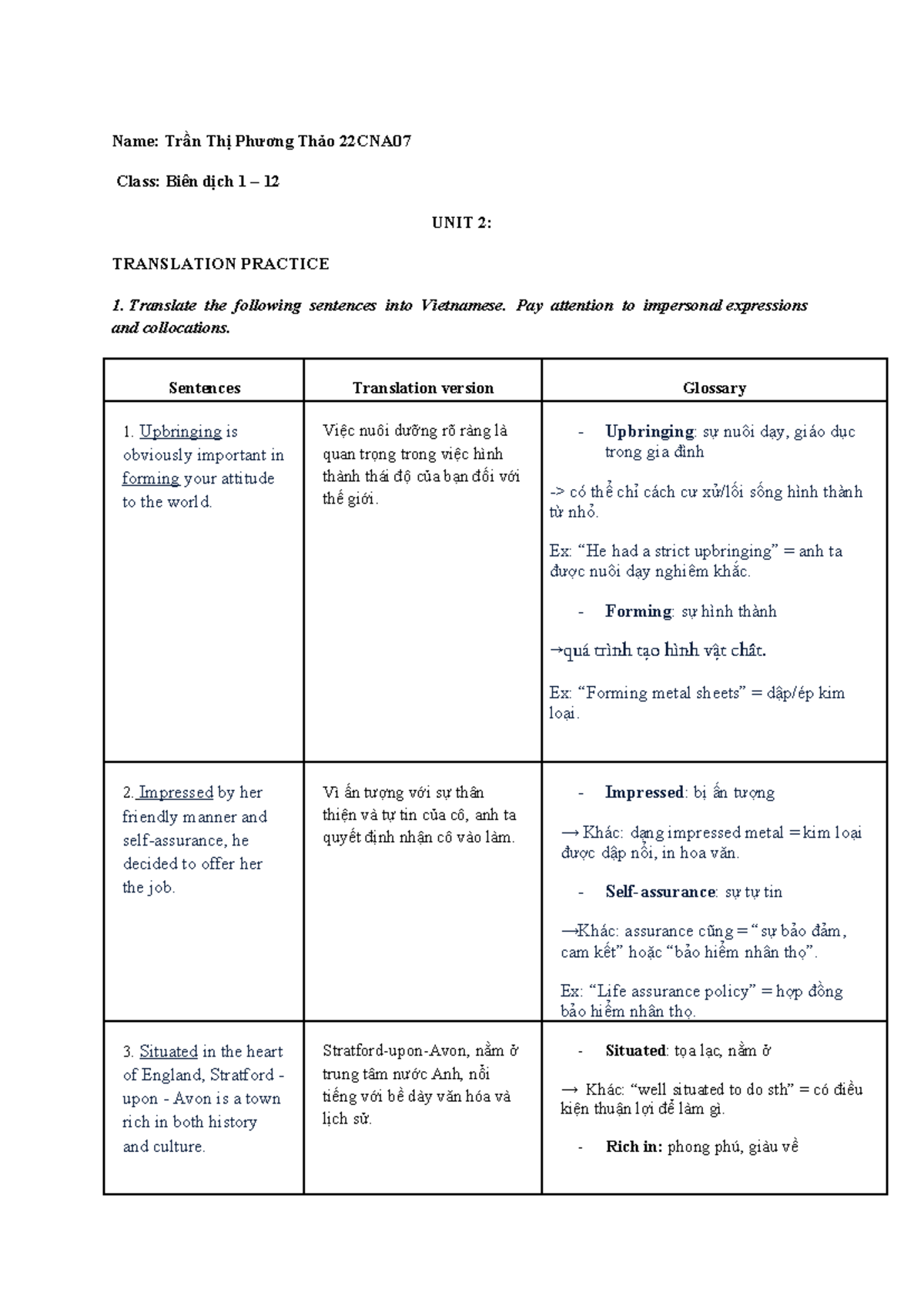 Unit 2 BD1 - Translation Practice and Sentence Analysis - Studocu