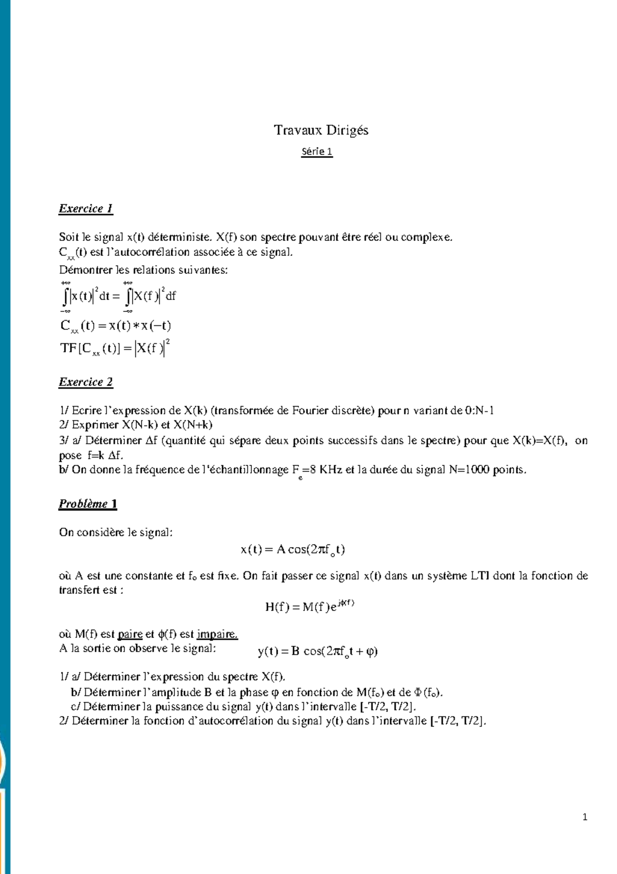 Traitement de Signal - TD Séries et Exercices Completés - Studocu