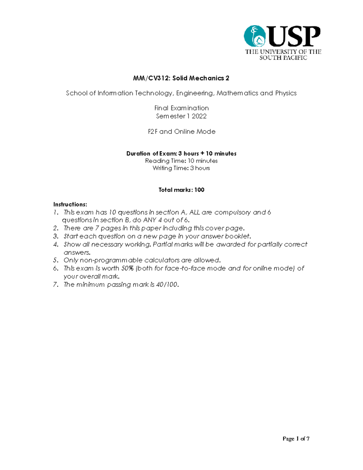 CV312 Solid Mechanics 2 - Final Exam Papers, Semester 1 2022 - Studocu